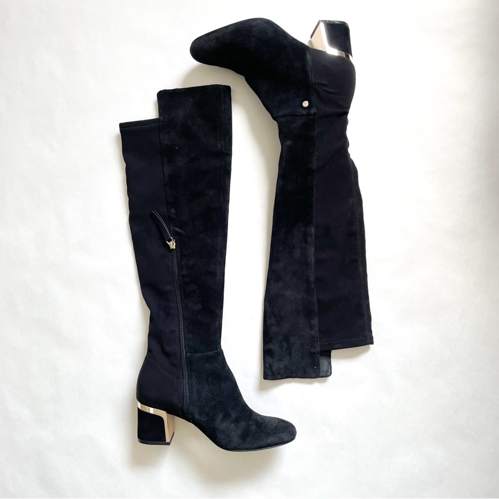 DKNY Black Cora Over the Knee Boots with Gold Accent - Picture 3 of 8